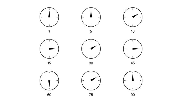 Timers Showing Different Time Intervals in a 3x3 Grid with Black Hands on White Circular Backgrounds