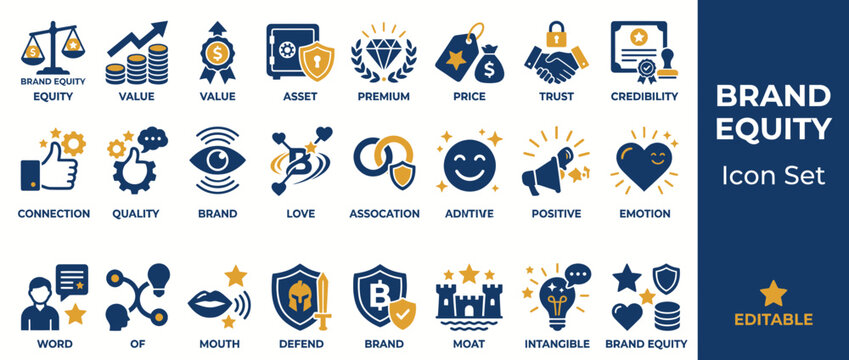 Brand equity and marketing value icon set in blue and yellow