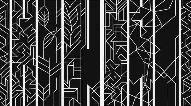 Modern monochrome fence patterns featuring geometric and abstract leaf designs for laser cut panels and wall art decoration