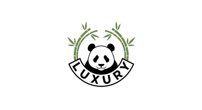 Cute panda logo with bamboo and luxury text on white background
