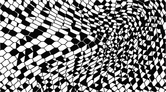 Abstract monochrome fence patterns featuring geometric distorted honeycomb mesh textures for modern digital background design
