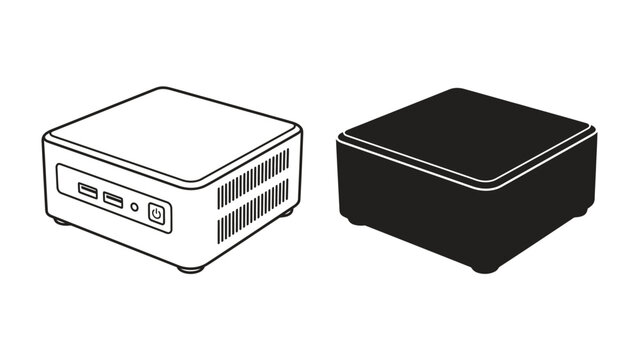 Compact Mini PC and its Silhouette: Two small form-factor computer units, one depicted in line art and the other as a black silhouette, showcasing modern technology in a minimalist design.