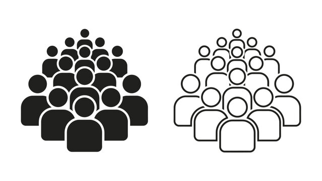 Crowd Icon Set: A visual representation of a group of people in two distinct icon styles, black and white, symbolizing community and collective gathering.