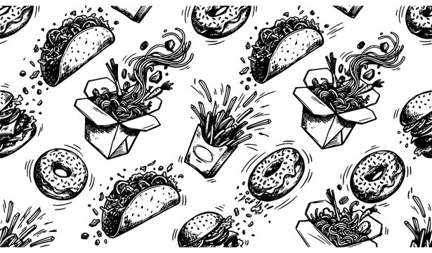 Dynamic hand drawn fast food doodles seamless background pattern