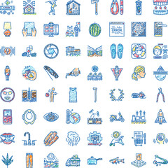 Fototapeta premium Diverse collection of hand drawn doodle icons and symbols, showcasing a wide range of universal concepts, daily activities, technology, nature, and common objects in a colorful sketch style