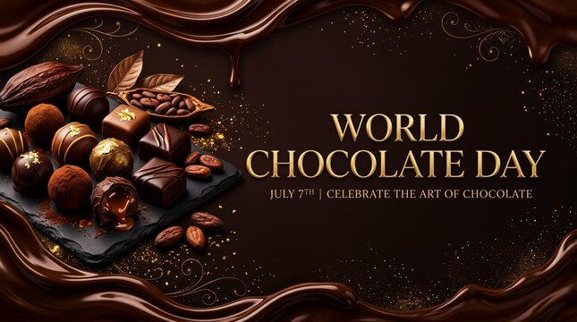 World chocolate day celebration with assorted gourmet chocolates and cocoa