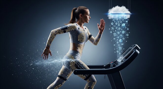 Futuristic Runner Training on High-Tech Treadmill with Digital Rain Effect