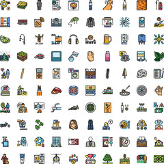 Fototapeta premium Large collection of diverse flat design icons and symbols, depicting objects, activities, and concepts from various aspects of human life and industries