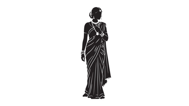 Traditional Indian woman silhouette in ethnic saree, elegant female figure wearing sari and jewelry, black and white cultural vector illustration