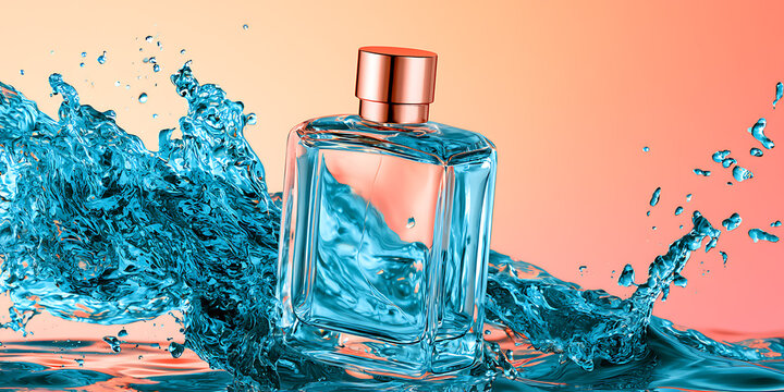 A clear glass perfume bottle with a copper cap surrounded by splashing blue water on a gradient peach background