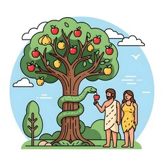 Adam and Eve with the Serpent and the Forbidden Fruit Tree in a Biblical Garden Scene Illustration © Dina