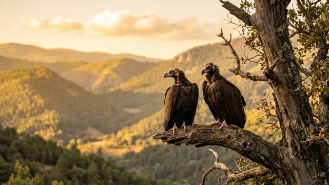 two cinereous vulture on tree branch caucasus mountains georgia golden light close up video