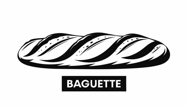 Very beautiful black and white vector of BAGUETTE featuring detailed crust texture with a bold label reading "BAGUETTE", isolated on white background.