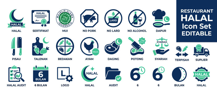 Halal restaurant icons for food certification and dietary standards