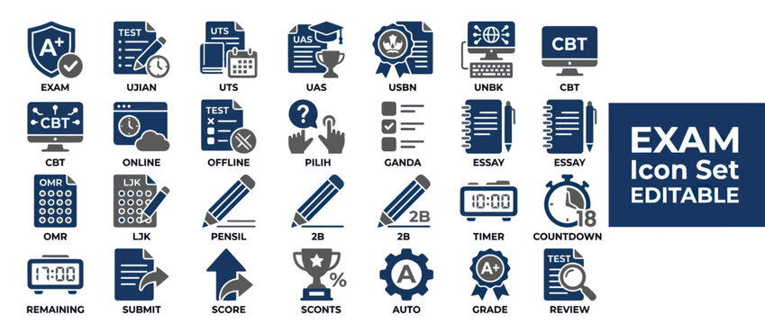 Educational exam and school testing icon collection for students