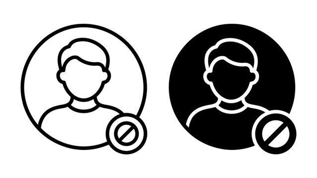 User profile restricted: Two stylized user icons, one outlined and one solid silhouette, display a prohibition symbol, indicating a restricted or inaccessible profile.
