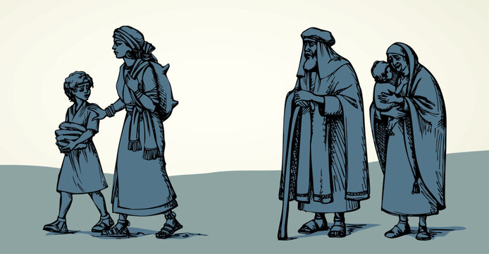 Vector drawing. Hagar go away from Abraham and Sarah