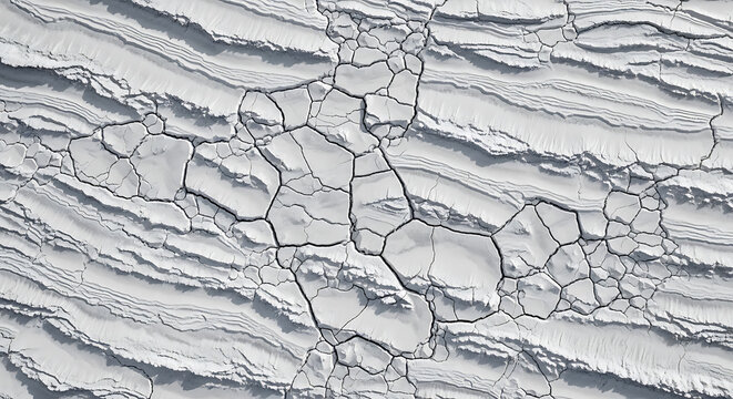 Cracked mud surface with layered sediment formations a monochromatic texture arid clay