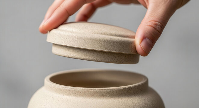 Hand holds a lid above a beige ceramic cremation urn in close up. Funeral concept represents ashes, memorial, grief, remembrance and a peaceful farewell.