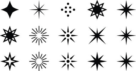 Vector set of minimalist black and white star icons, featuring sparkles, twinkling bursts, and magic flares for modern graphic design elements and creative projects. © Hasan