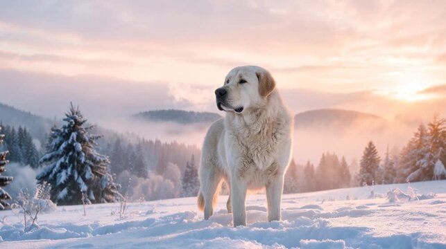 Alabai (Central Asian Shepherd at a snow mountain morning light slow motion
