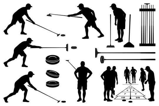 Shuffleboard silhouettes: players equipment court layout game.