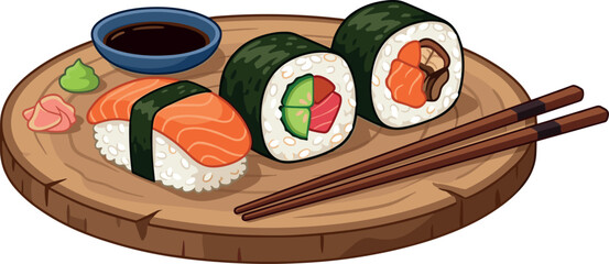 Delicious Japanese sushi set with salmon nigiri maki rolls soy sauce wasabi ginger and wooden chopsticks on a round platter vector illustration isolated on white background © Md