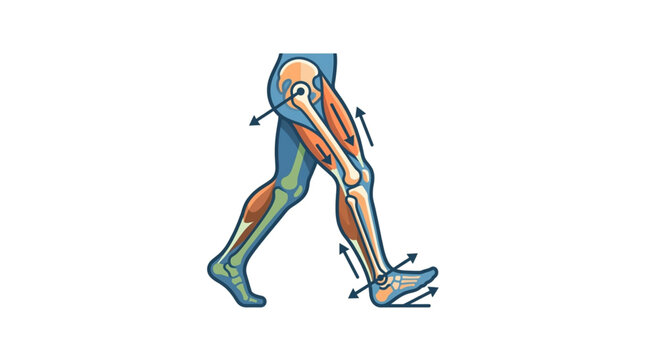 Anatomical illustration of human leg muscles and bones during walking motion.