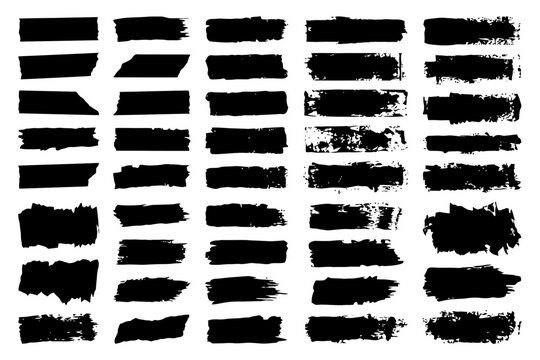 Set of black grunge brush stroke rectangles on white background.
