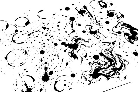 Abstract monochrome ink splatter and swirl art on white background.