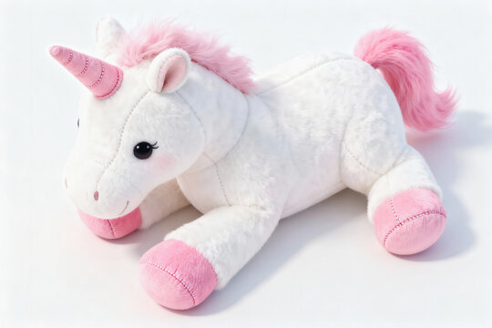 A soft, cute stuffed unicorn plush toy with white fur and pink details, displayed against a plain white background.