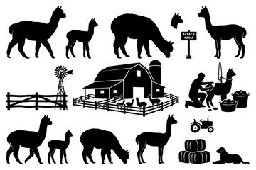 Obraz premium Silhouette illustrations of alpaca farm activities and structures.