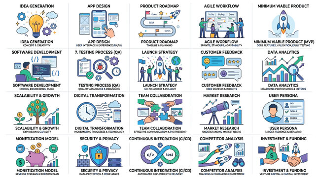 Colorful infographic icons for software development process stages Vector, illustration