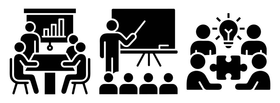 Icon set of construction worker with helmet, wrench and ruler in black and white outline and filled style on transparent background