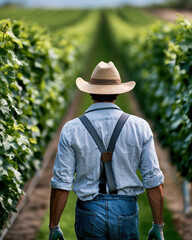 Fototapeta premium Man wearing straw hat and suspenders walks between lush green vineyard rows, working outdoors on sunny day