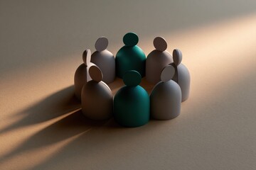 Obraz premium Circle of minimalist figures with two green leaders among grey team for teamwork meeting and collaboration background or poster