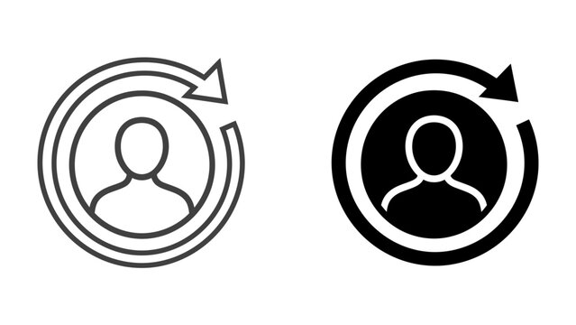 User icon with refresh symbol: Two distinct user icons, one outlined and one solid black, are presented with a circular arrow indicating a refresh or repeat action.