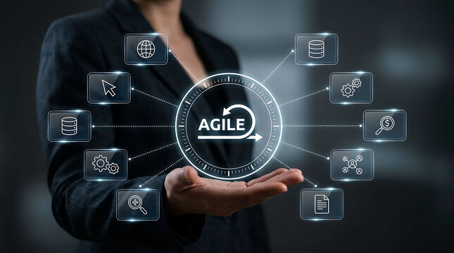 Businesswoman holding agile development methodology software loop concept