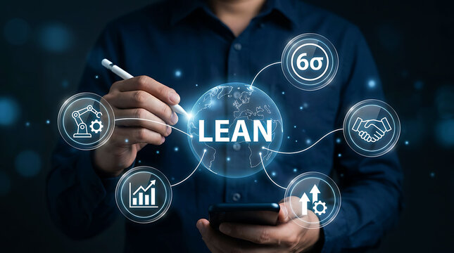 Businessman working with lean manufacturing and six sigma process concept