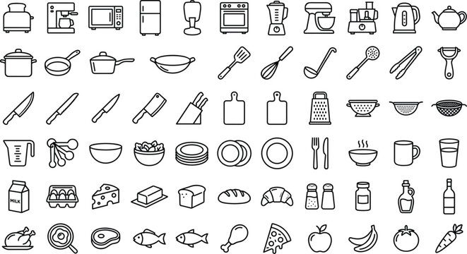 Kitchenware and cooking outline icon set featuring culinary appliances utensils food ingredients and restaurant tools vector collection isolated