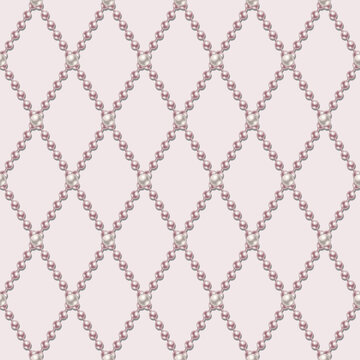 Seamless jewelry pattern with strings of pink pearls arranged in geometric rhombic grid like lattice. Large white pearls at intersection of grid lines. Pale pink color. Wedding luxury design element.