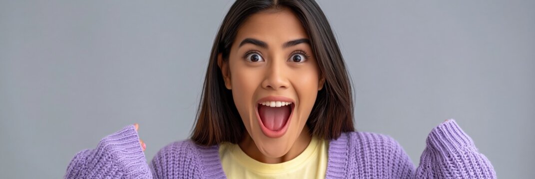 Young woman with an excited surprised open mouth portrait in a lavender sweater for social media reaction images and banner layouts