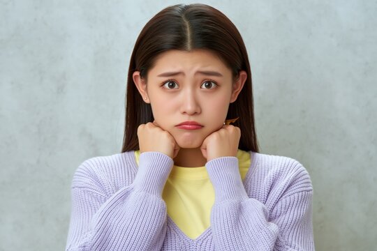Young woman with worried pouting expression holding chin for emotional portrait and mental health awareness