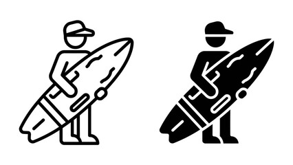 Surfer Icon Set: A clean and minimalist graphic design featuring a silhouette of a person carrying a surfboard, perfect for sports and leisure themes in a professional icon format. © mojahedh