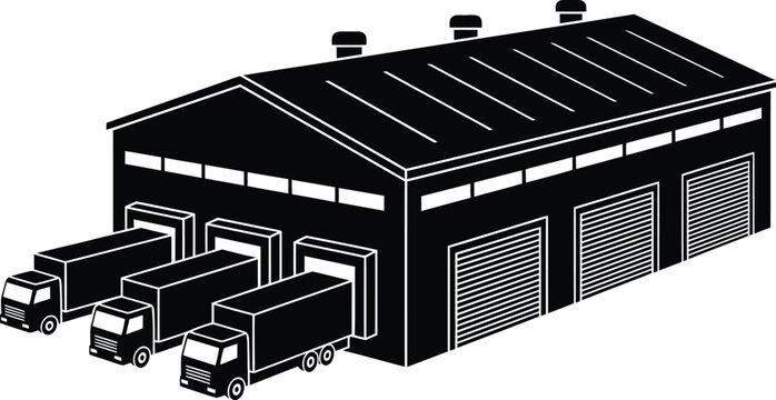 Vector illustration of a modern industrial warehouse building and distribution center featuring delivery trucks parked at the loading dock for freight logistics.