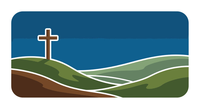 Cross on a hill landscape scene.