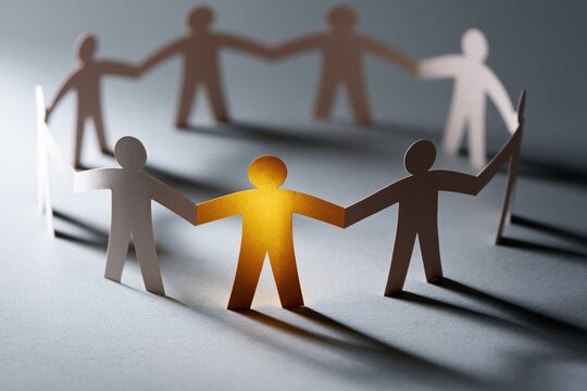 Paper chain of people holding hands with one glowing orange figure for teamwork unity and inclusion banner or poster design