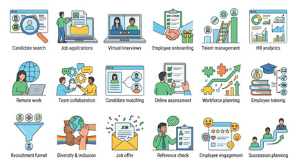 Fototapeta premium Set of colorful recruitment and hr process icons for business presentation Vector, illustration