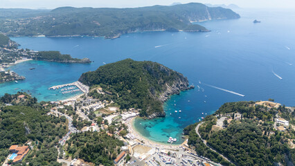Fototapeta premium Palaiokastrites bay aerial view with Corfu coastline