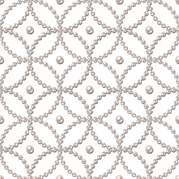 Seamless jewelry pattern with strings of white pearls, arranged in geometric grid with intricate overlapping circles. Transparent background. Wedding luxury design element.